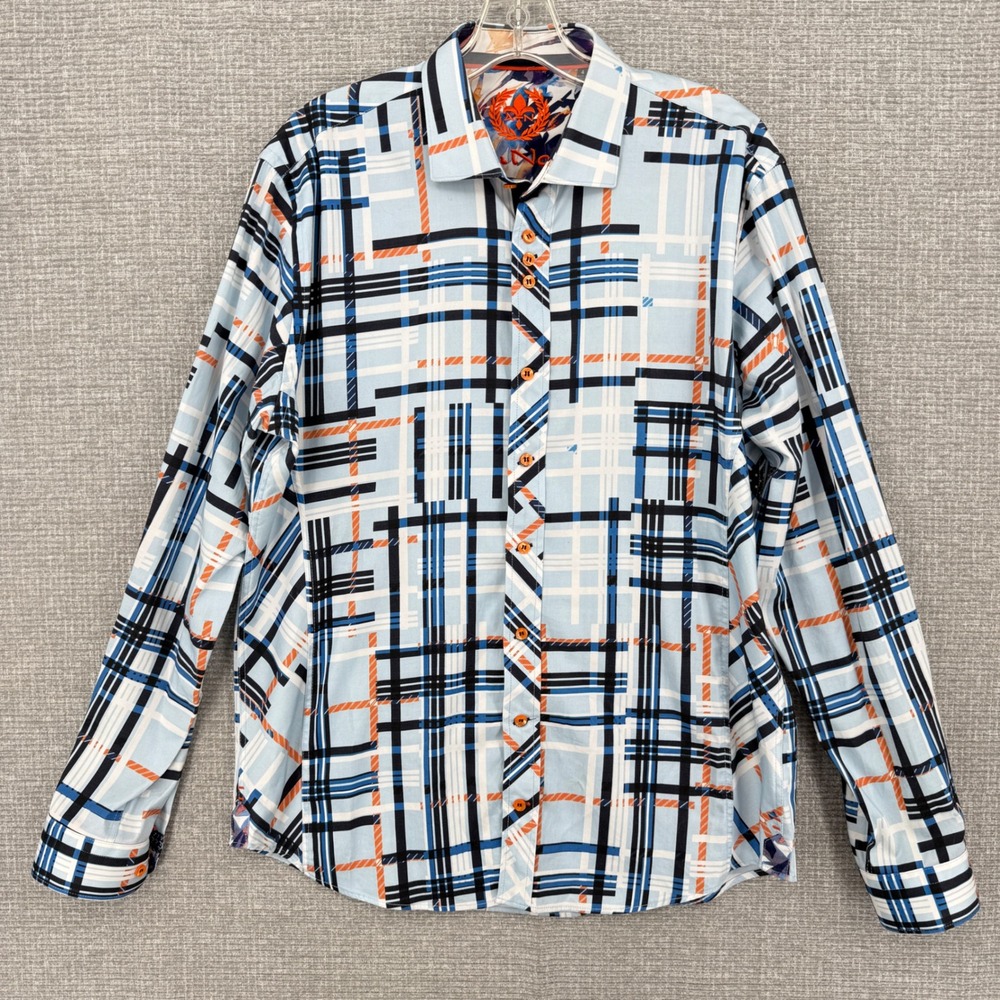 Au Noir Button Up Shirt Mens Sz L 4 Blue Plaid Long Sleeve Stretch Art Deco Boho